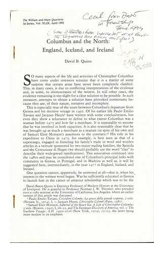 QUINN, DAVID B - Columbus and the North: England, Iceland, and Ireland