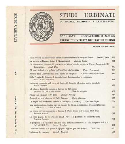 UNIVERSIT DEGLI STUDI DI URBINO - Studi urbinati : B : di storia, filosofia e letteratura  XLVI 1972