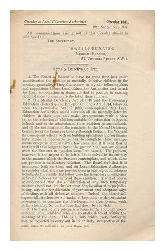 Board of Education - Circular to Local Education Authorities 12th Sep1924 - Mentally Defective Children