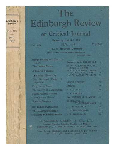 COX, HAROLD - The Edinburgh Review. No. 505, Vol. 248, July 1928