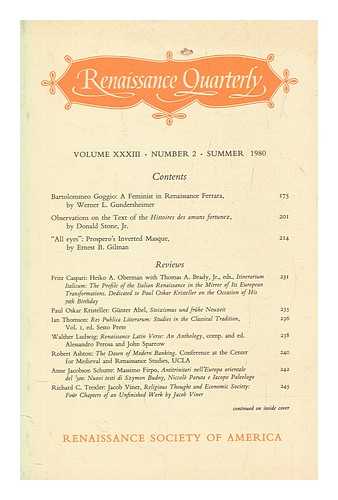 RENAISSANCE SOCIETY OF AMERICA - Renaissance quarterly ; vol. XXXIII no. 2 Summer 1980