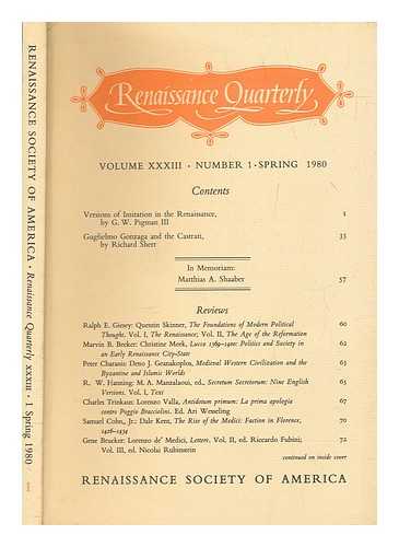 RENAISSANCE SOCIETY OF AMERICA - Renaissance quarterly ; vol. XXXIII no .1 Spring 1980