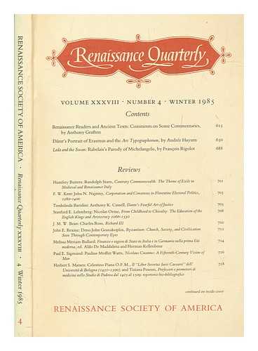 RENAISSANCE SOCIETY OF AMERICA - Renaissance quarterly ; vol. XXXVIII no .4  Winter 1985