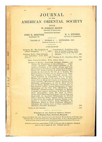 BROWN, W. NORMAN [ED.]. SHRYOCK. JOHN K. [ASSOC. ED.]. SPEISER, E.A. [ASSOC. ED.] - Journal of the American Oriental Society: vol. 57: number 3: September, 1937