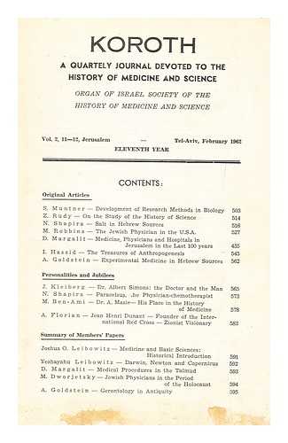 LEIBOWITZ, J - Koroth, A quarterly journal devoted to the history of medicine and science, vol. 2, 11-12, Jerusalem, Feb. 1962