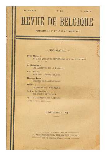 M. WEISSENBRUCH - Revue de Belgique (44 annee - 3 serie) - 1 Decembre 1912