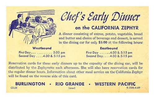 CALIFORNIA ZEPHYR - Chef's Early Dinner card for the California Zephyr