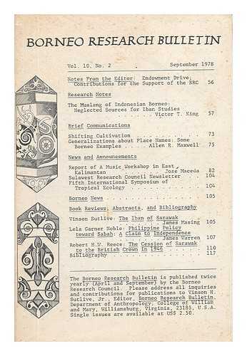 SUTLIVE, JR. , VINSON H. (ED. ) - Borneo Research Bulletin; Vol. 10, No. 2, September 1978