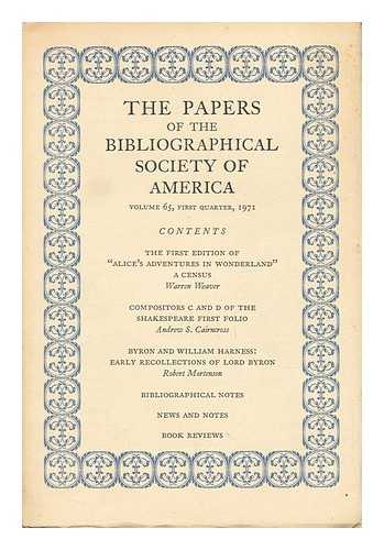 TODD, WILLIAM B. (ED. ) - The Papers of the Bibliographical Society of America, Vol. 65, First Quarter, 1971