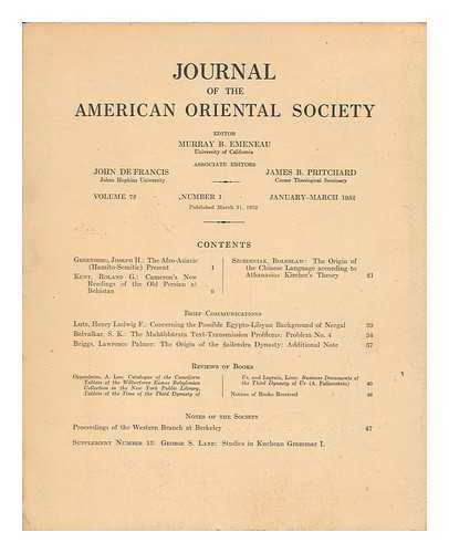AMERICAN ORIENTAL SOCIETY / EMENEAU, MURRAY B. (ED. ) - Journal of the American Oriental Society - Volume 72, Number 1, January-March 1952