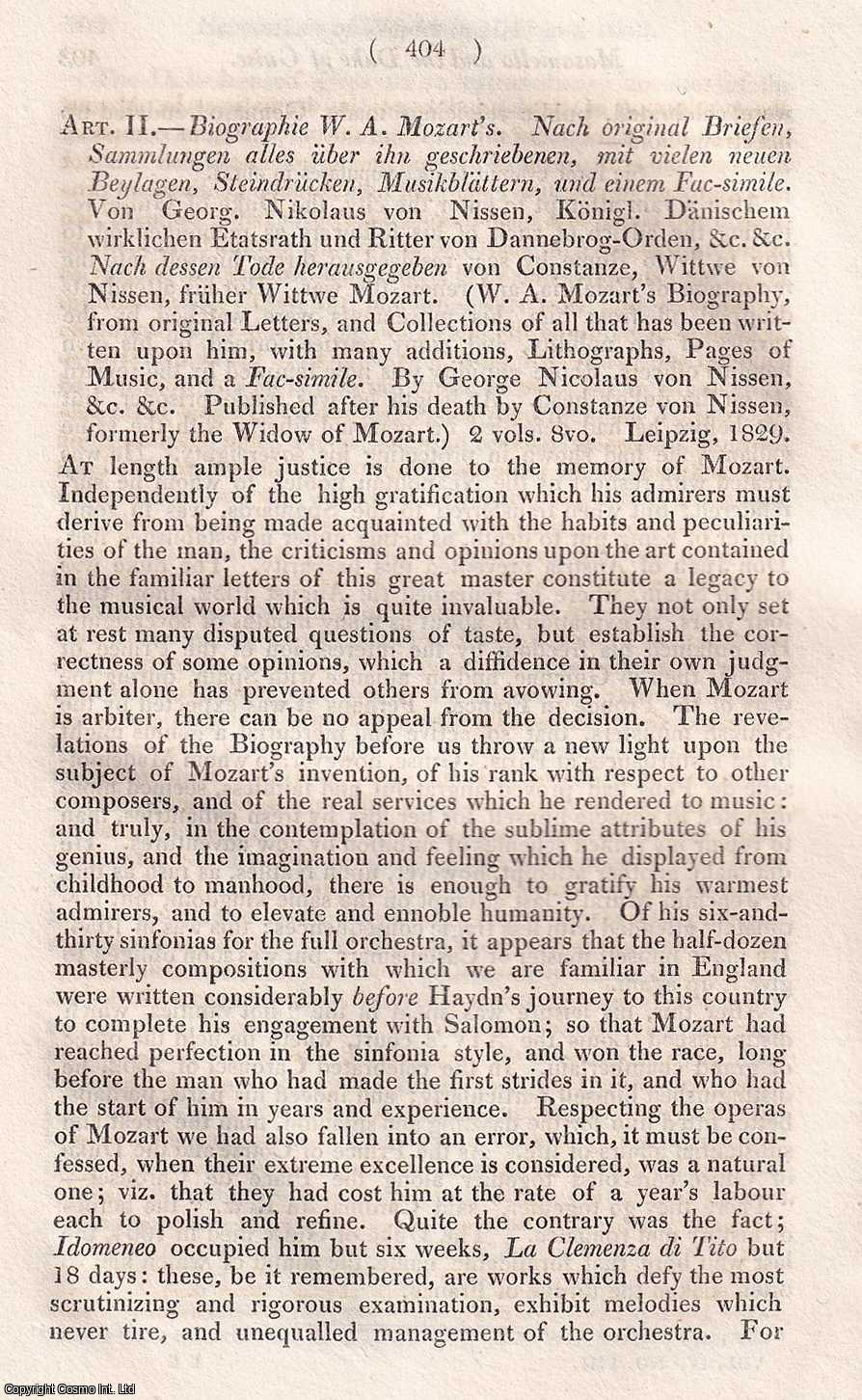 EDWARD HOLMES. - Mozart. A rare original article from the Foreign Quarterly Review, 1829.