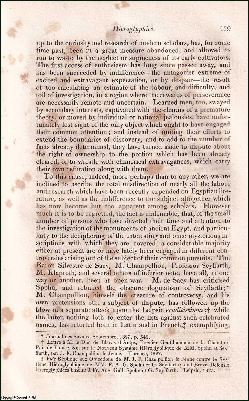 JAMES BROWNE. - Hieroglyphics. Based on Champollion's Work. A rare original article from the Foreign Quarterly Review, 1829.
