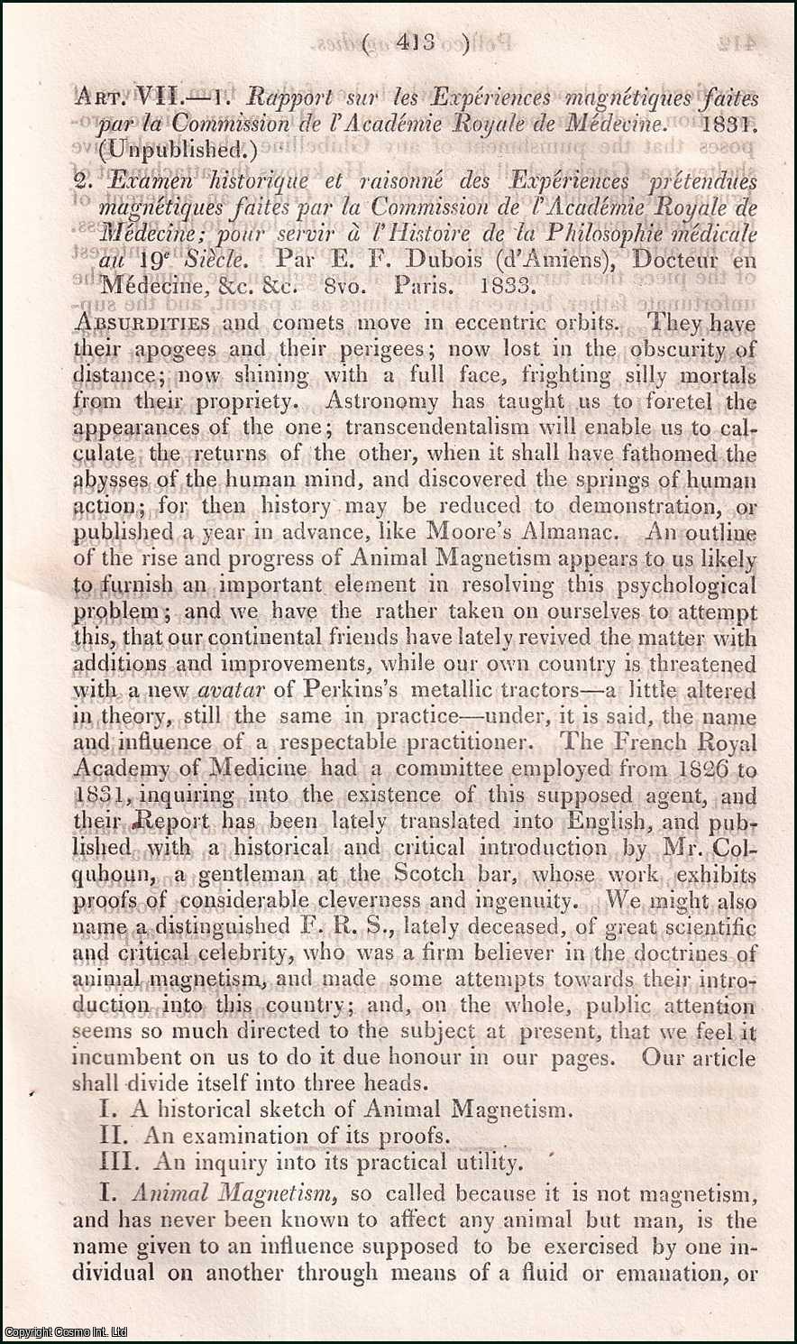 Percival B. Lord. - Animal Magnetism. An uncommon original article from the Foreign Quarterly Review 1833.