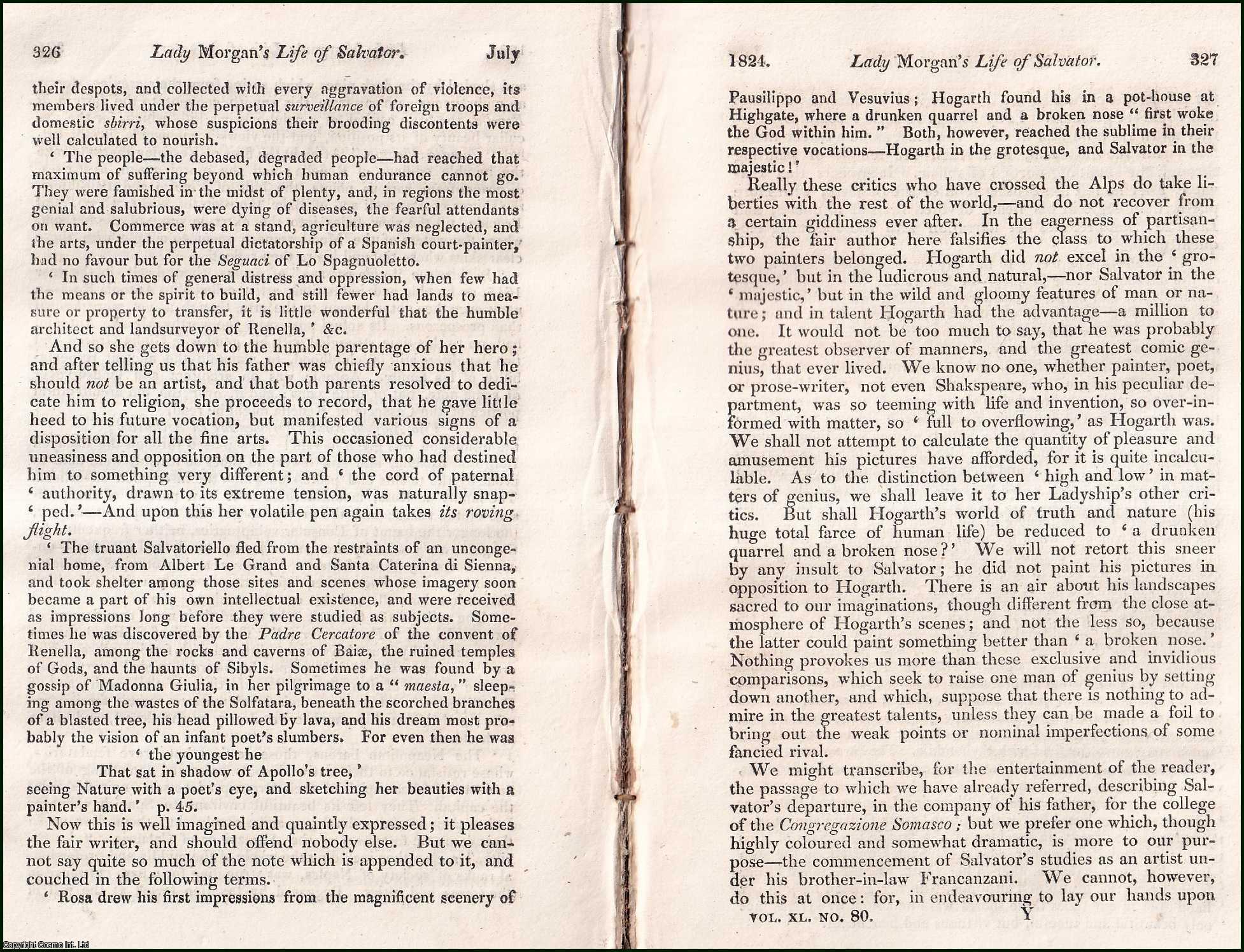 HAZLITT, WILLIAM - Lady Morgan's Life of Salvator. A rare original article from the Edinburgh Review, 1824.