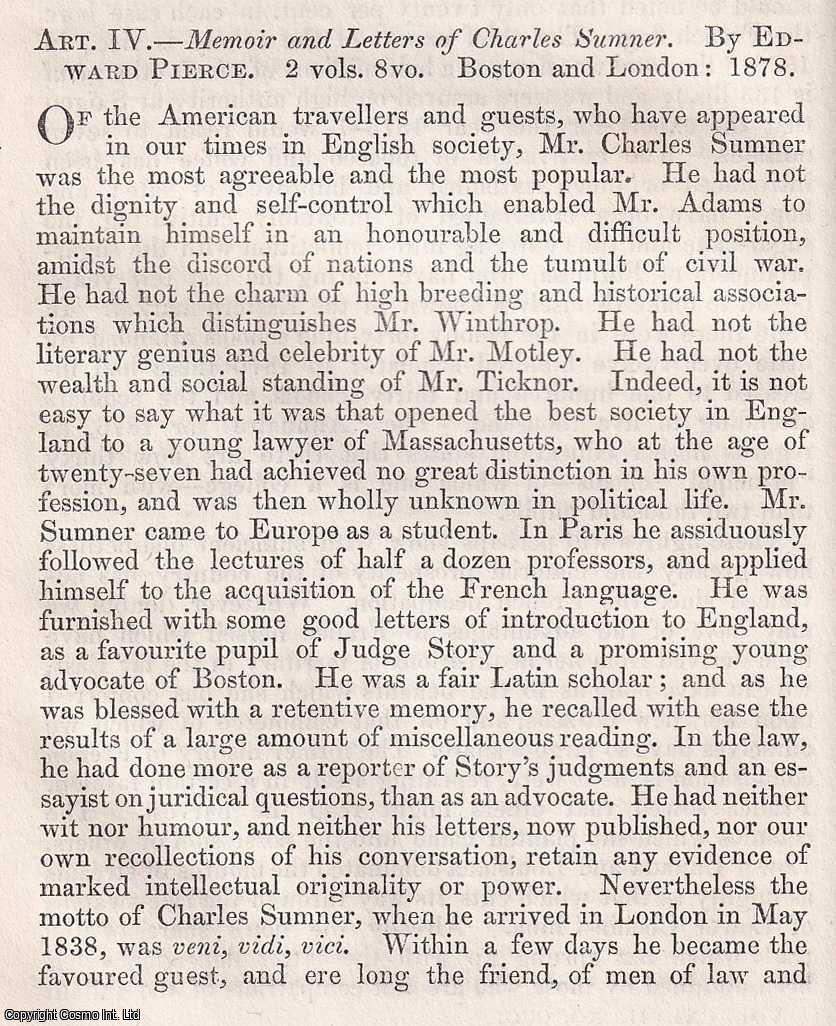 REEVE, HENRY - Correspondence of Charles Sumner. A rare original article from the Edinburgh Review, 1878.