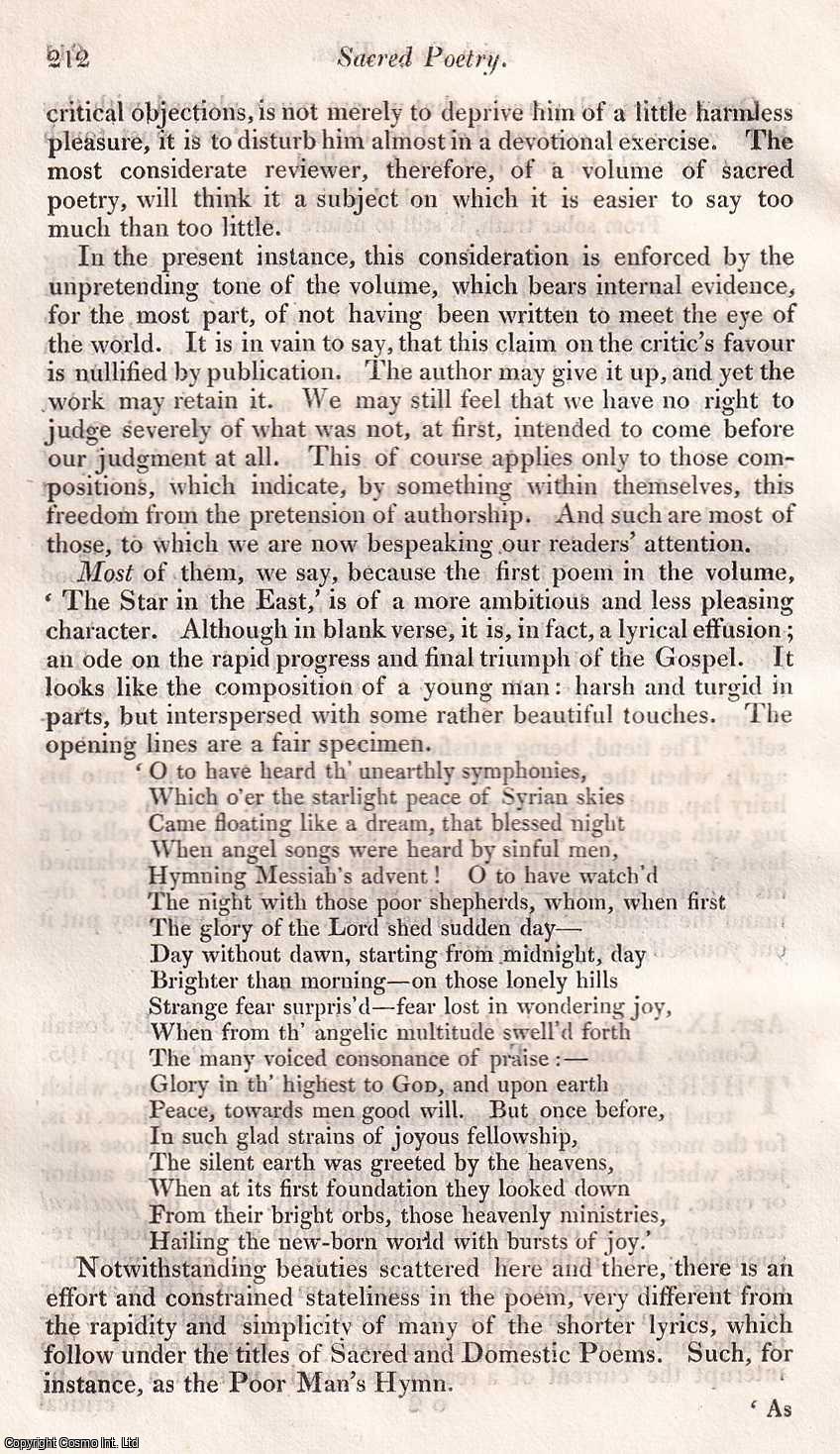 KEBLE, JOHN - Sacred poetry. A rare original article from the Quarterly Review, 1825.