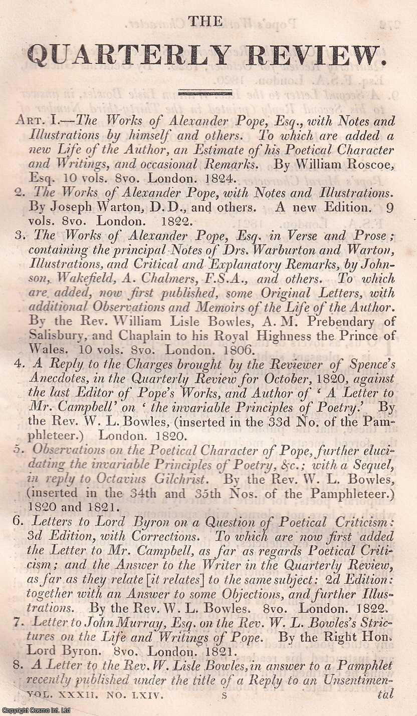 TAYLOR, GEORGE - Pope's works and character. A rare original article from the Quarterly Review, 1825.