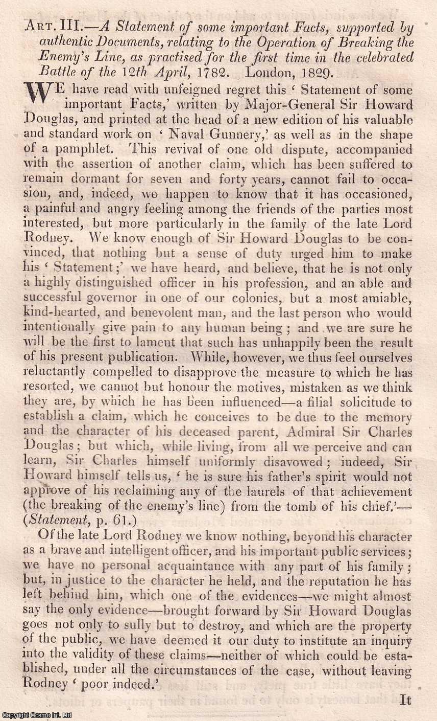 John Barrow - Rodney's Battle of 12th April, 1782. The Operation of Breaking the Enemy's Line. An uncommon original article from The Quarterly Review, 1830.