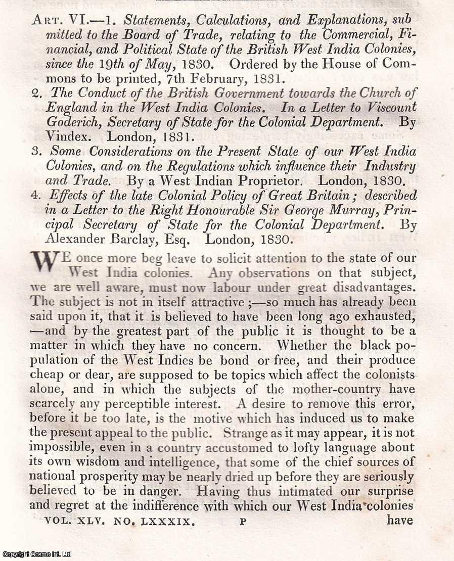 Howard Douglas - The West India Question ; Commercial, Financial and Political State, etc. An uncommon original article from The Quarterly Review, 1831.