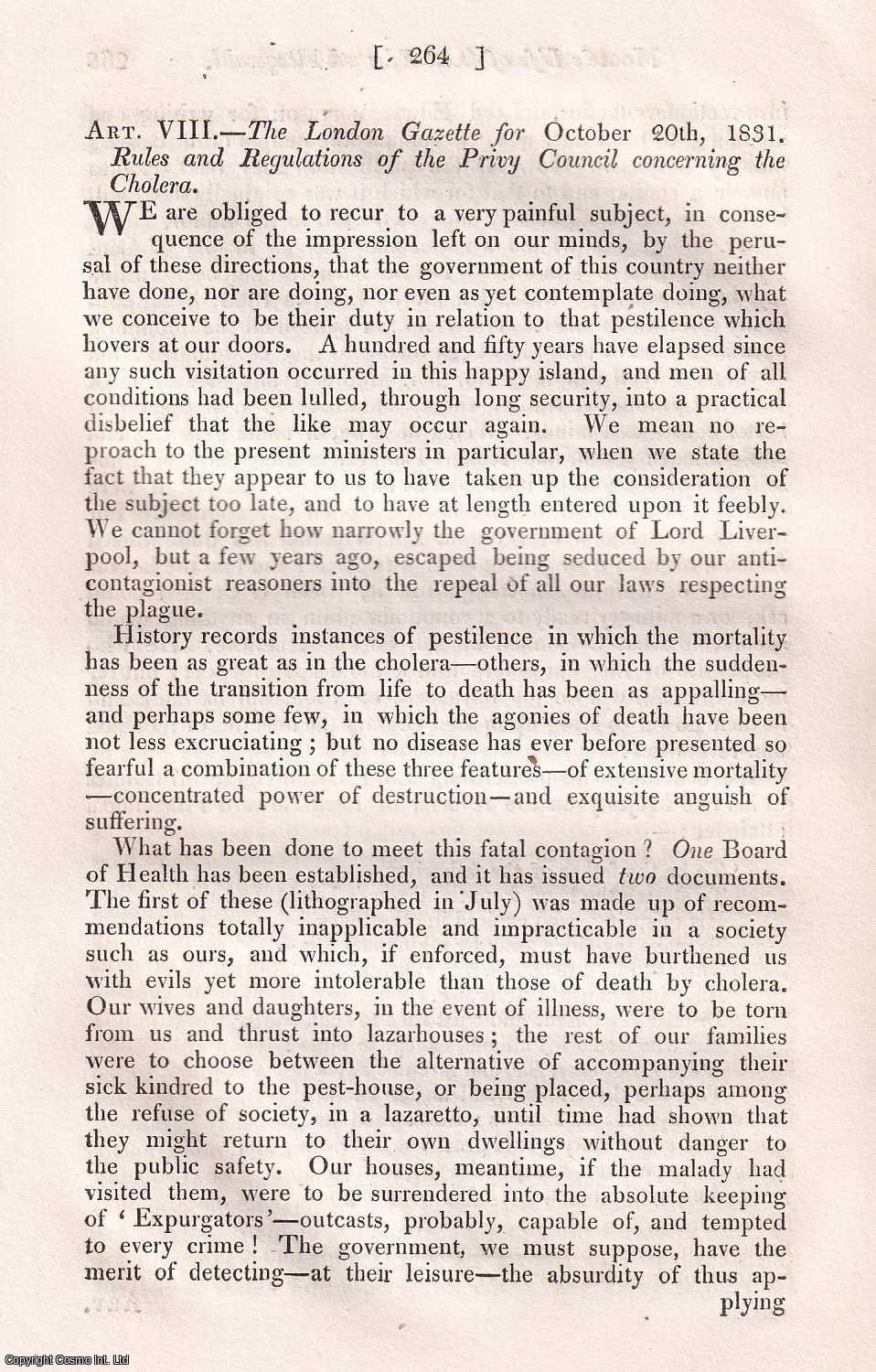 FERGUSON, ROBERT - Directions of the Privy Council in case of pestilence. A rare original article from the Quarterly Review, 1831.