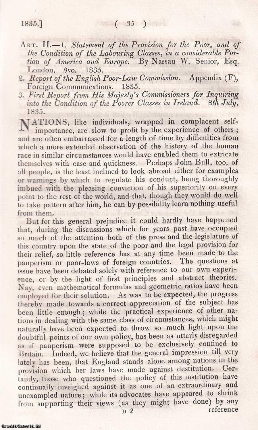 POULETT SCROPE, G. - Foreign Poor Laws and Irish poverty. A rare original article from the Quarterly Review, 1835.