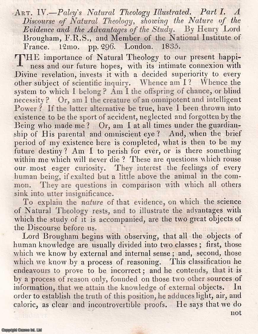 Alexander Crombie - Paley's Natural Theology Illustrated; Lord Brougham's Preliminary Discourse. An uncommon original article from The Quarterly Review, 1836.
