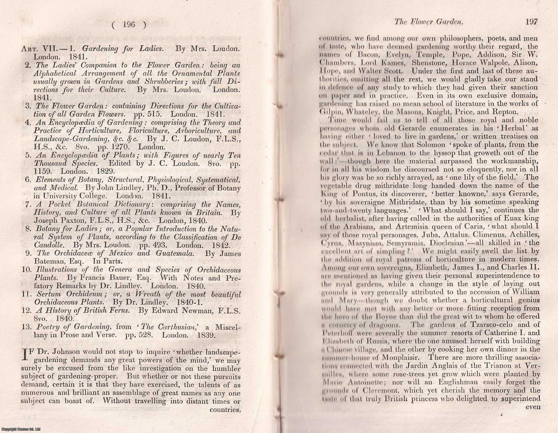 JAMES, THOMAS - The flower garden. A rare original article from the Quarterly Review, 1842.