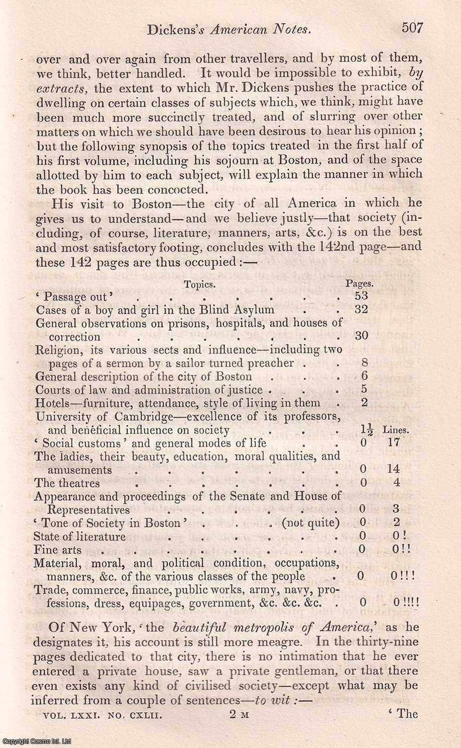 John Wilson Croker - Dicken's American Notes; Mann's Anniversary Oration. An uncommon original article from The Quarterly Review, 1843.