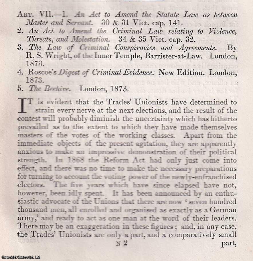J. H. Fyfe - The Despotism of the Future; the threat posed by the Trade Union Movements to the stability of the country in their request for the repeal of the Criminal Law Amendment Act, etc.apart from its legalisation of Unions and strikes. An uncommon original article from The Quarterly Review, 1874.