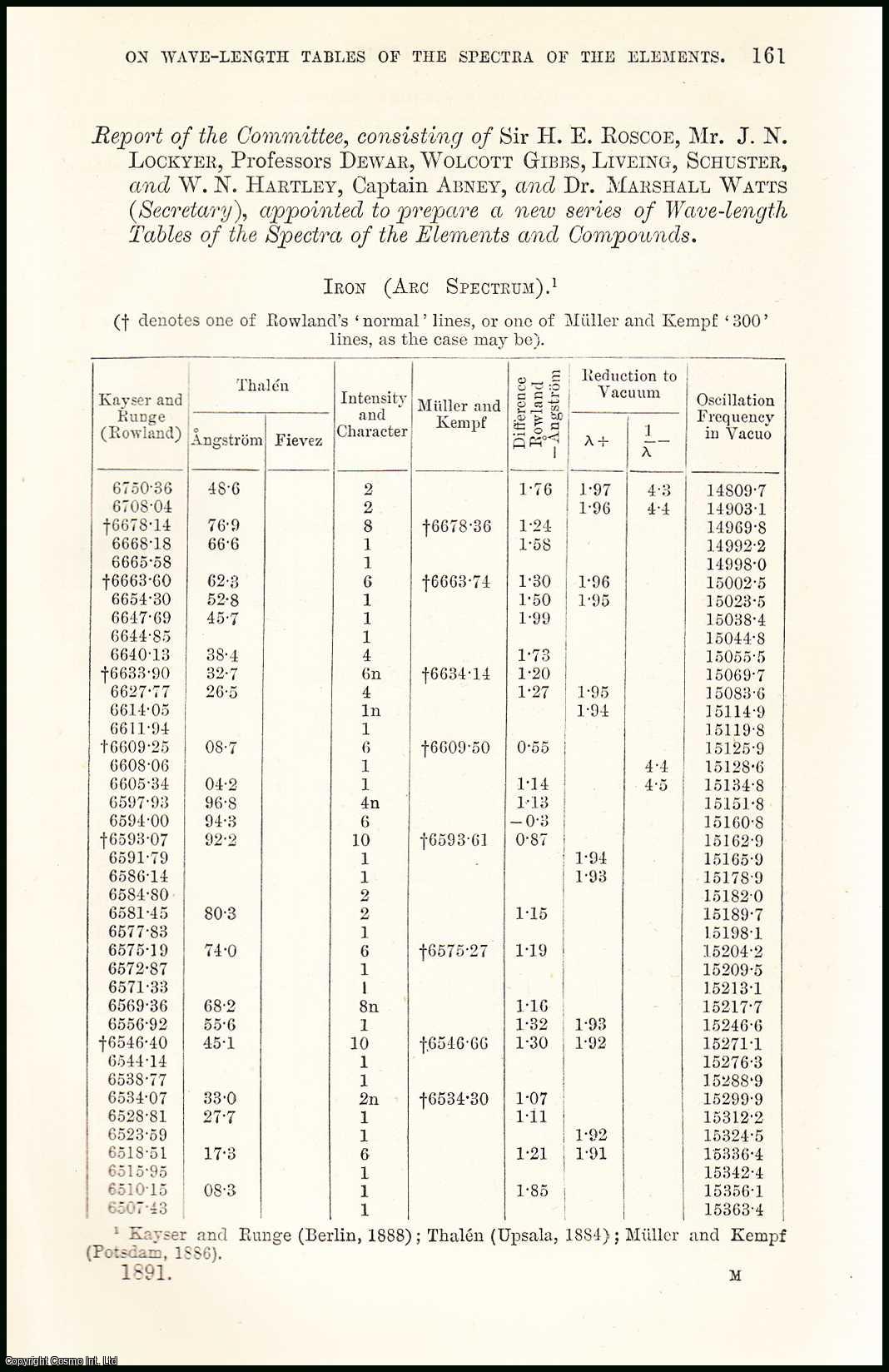 SIR H.E. ROSCOE, AND OTHERS - On Wave-length Tables of the Spectra of the Elements. A rare original article from the British Association for the Advancement of Science report, 1891.