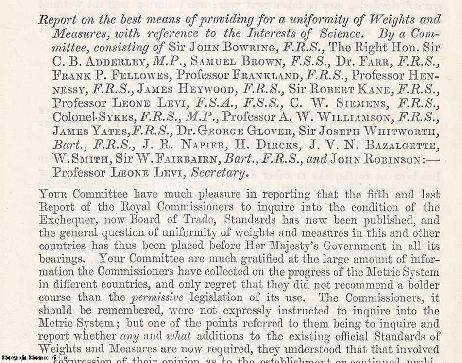 SIR JOHN BOWRING, F.R.S. - Uniformity of Weights and Measures. A rare original article from the British Association for the Advancement of Science report, 1871.