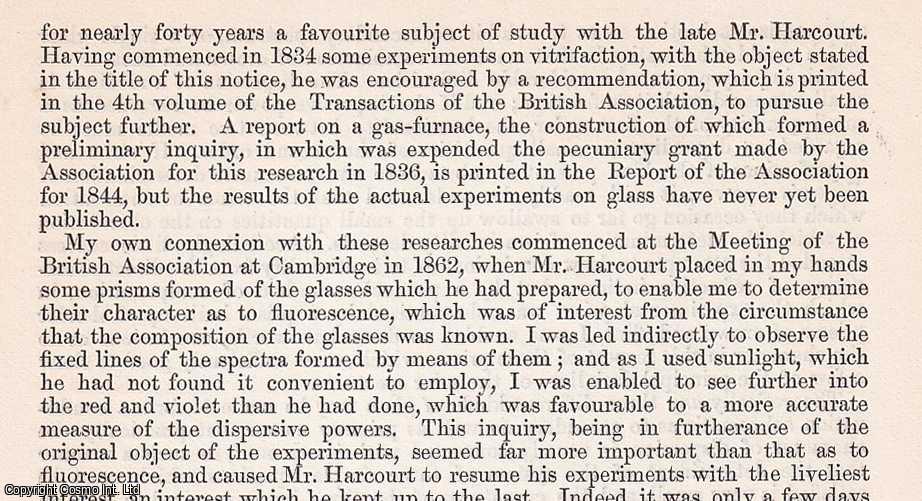 Professor G.G. Stokes, F.R.S. - The Researches of The Late Rev. William VernHarcourt, The Conditions of Transparency in Glass, and The Connexion between The Chemical Constitutiand Optical Properties of different Glasses. An uncommon original article from The British Association for The Advancement of Science report, 1871.