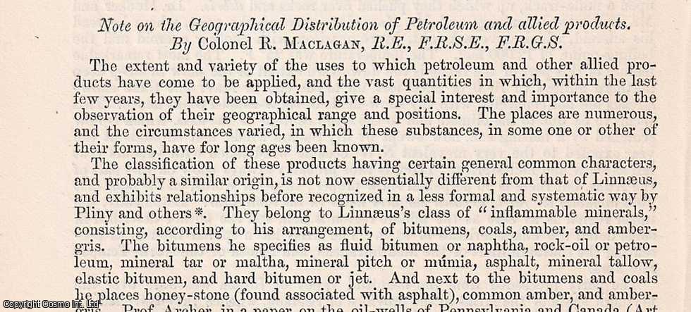 COLONEL R. MACLAGAN, R.E., F.R.S.E., F.R.G.S. - Note on the Geographical Distribution of Petroleum and allied products. A rare original article from the British Association for the Advancement of Science report, 1871.