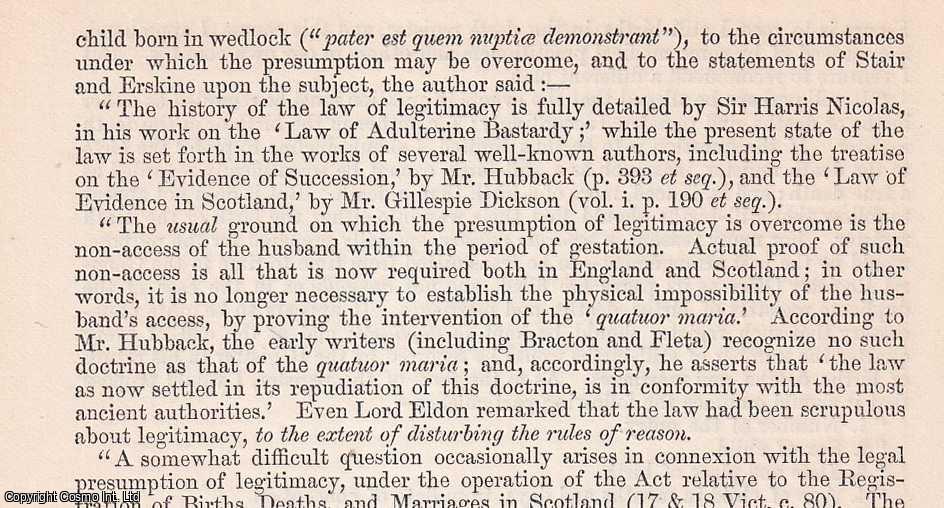 George Seton, M.A. - Certain Cases of Questioned Legitimacy under The Operation of The Scottish Registration Act (17 &18 Vict.c 80). An uncommon original article from The British Association for The Advancement of Science report, 1871.