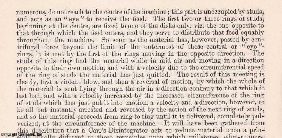 F.J. Bramwell, C.E. - Some Experiments upon Carr's Disintegrator at work at Messrs. Gibsand Walker's Flour-mills, Leith. An uncommon original article from The British Association for The Advancement of Science report, 1871.