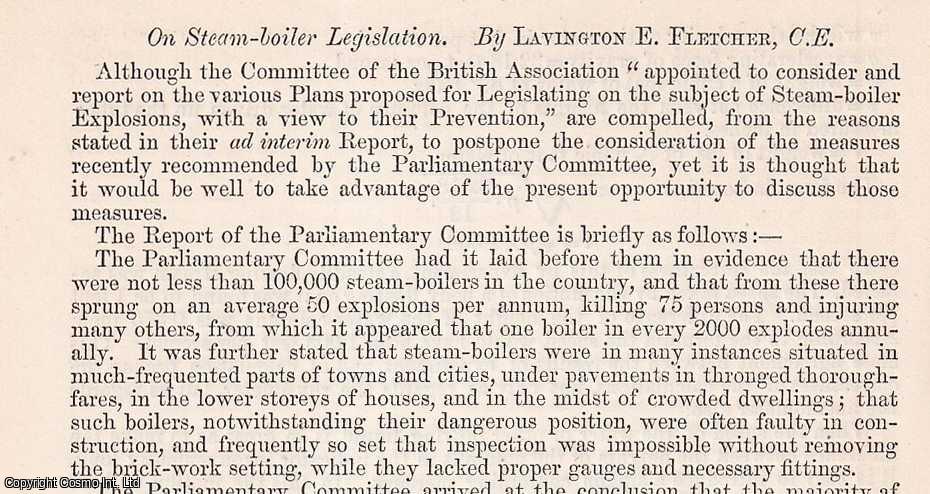 LAVINGTON E. FLETCHER, C.E. - On Steam-boiler Legislation. A rare original article from the British Association for the Advancement of Science report, 1871.