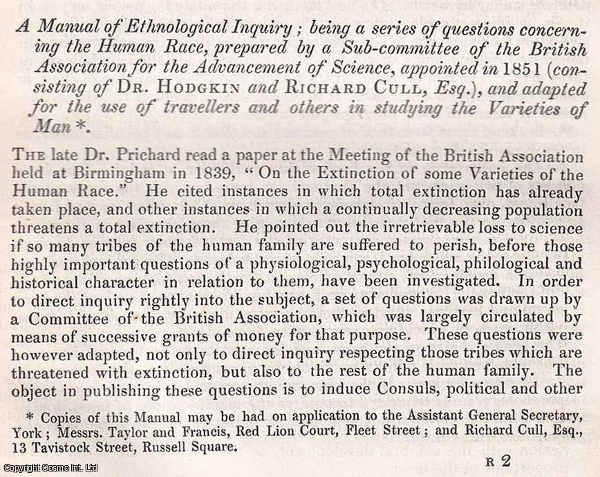 DR. HODGKIN, AND OTHERS - A Manual of Ethnological Inquiry. A rare original article from the British Association for the Advancement of Science report, 1852.