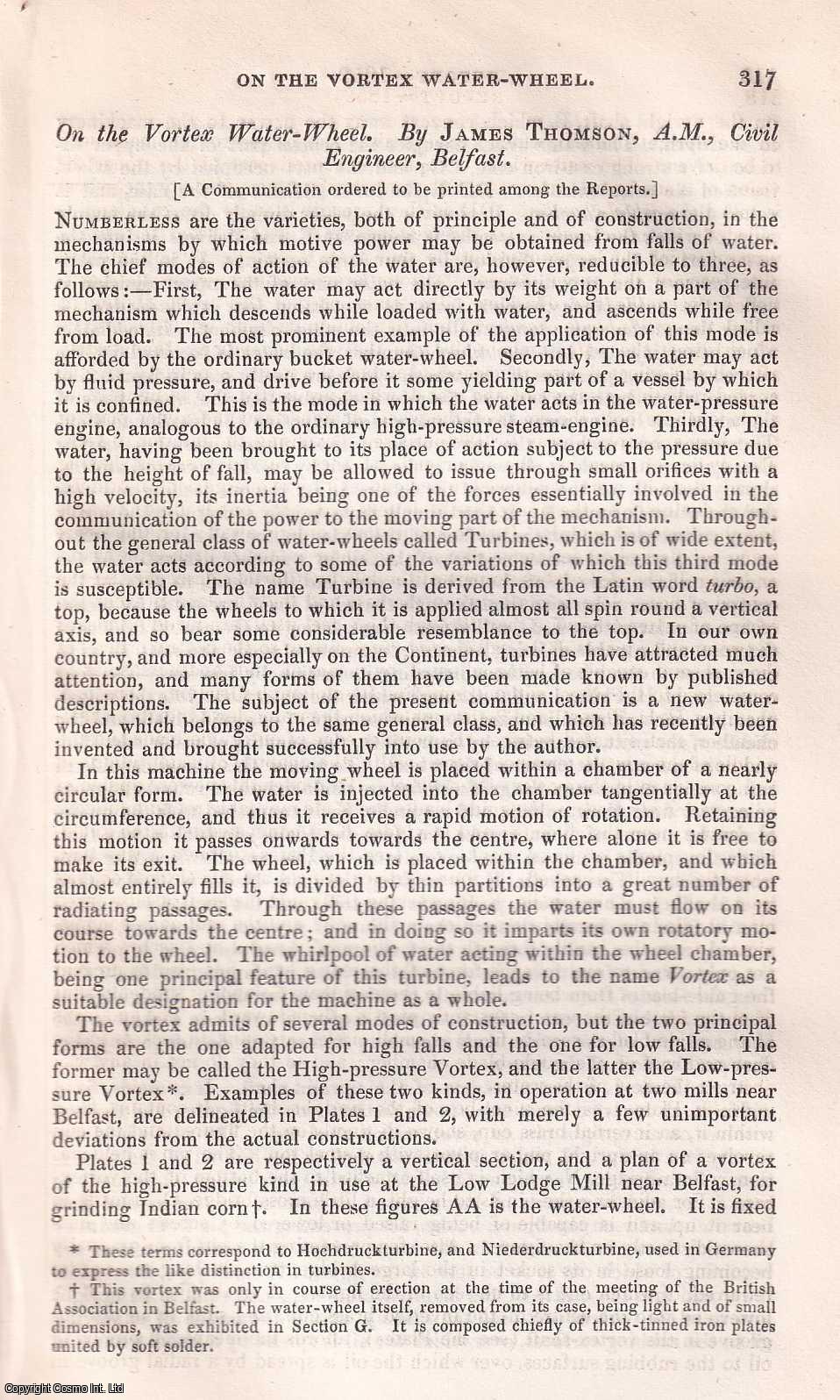 James Thomson, A.M., Civil Engineer, Belfast - On The Vortex Water-Wheel. Low Lodge Mill & Edenderry, Belfast. A rare original article from the British Association for the Advancement of Science report, 1852.