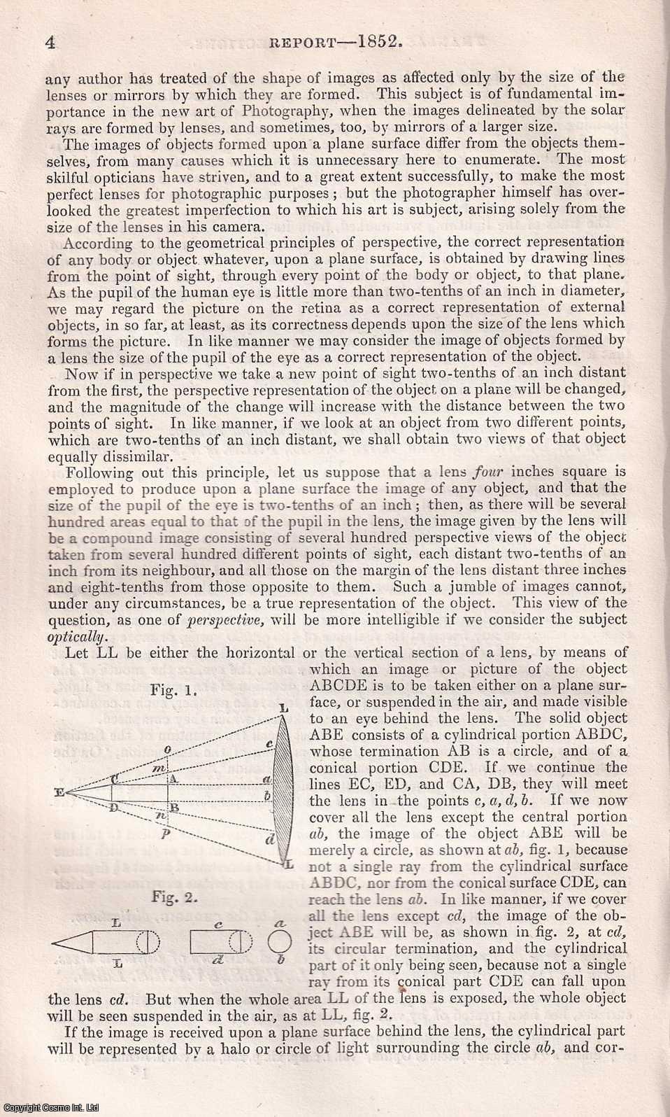 SIR DAVID BREWSTER, K.H., D.C.L., F.R.S., & V.P.R.S. - On the Form of Images produced by Lenses and Mirrors of different sizes. A rare original article from the British Association for the Advancement of Science report, 1852.