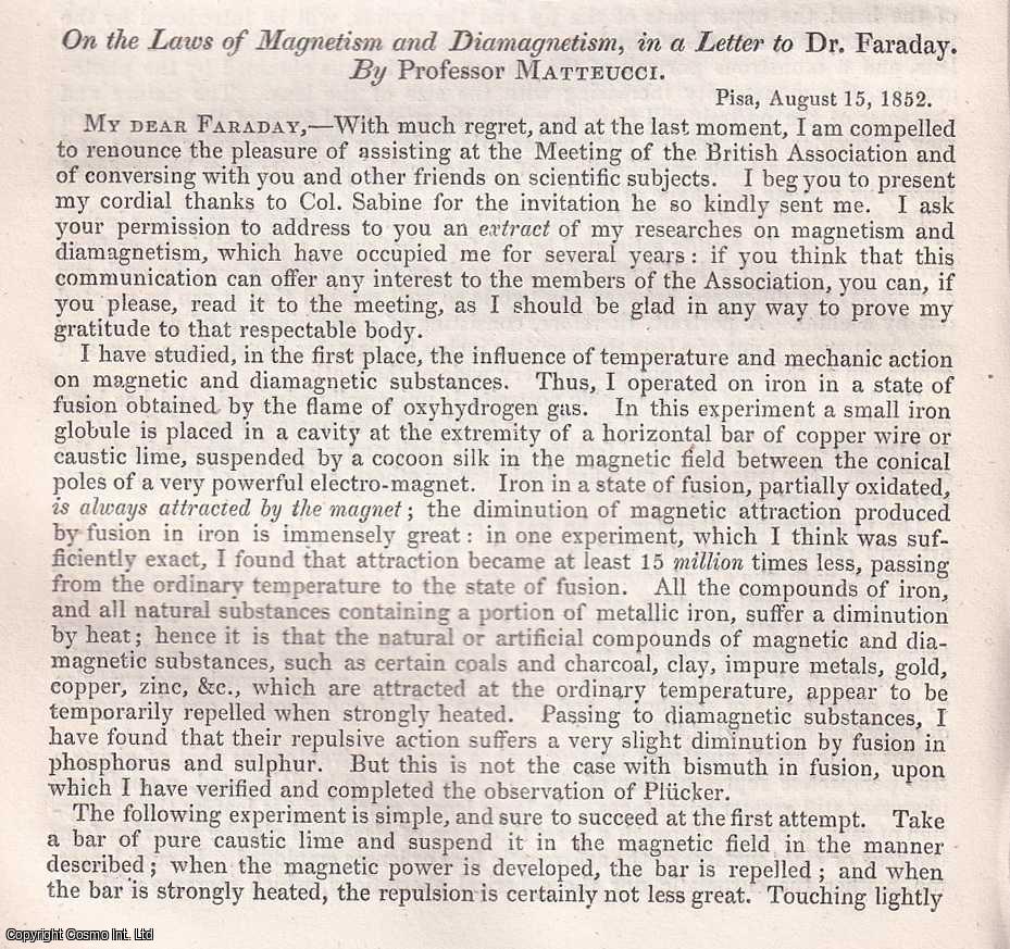 Professor Matteucci - On the Laws of Magnetism and Diamagnetism, in a letter to Dr. Faraday. A rare original article from the British Association for the Advancement of Science report, 1852.