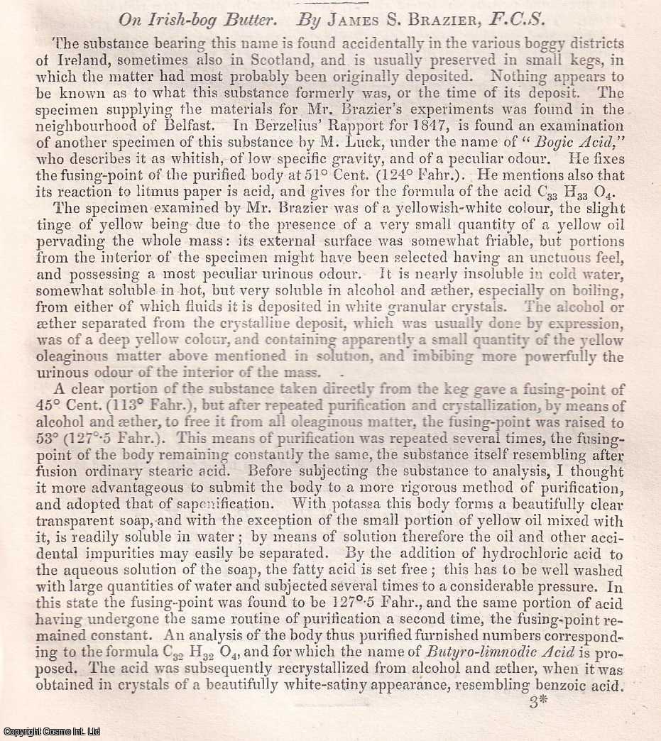 James S. Brazier, F.C.S. - On Irish Bog-butter, TOGETHER WITH Professor John F. Hodges; On the Phosphatic Nodules of the Greensand of the North of Ireland. A rare original article from the British Association for the Advancement of Science report, 1852.