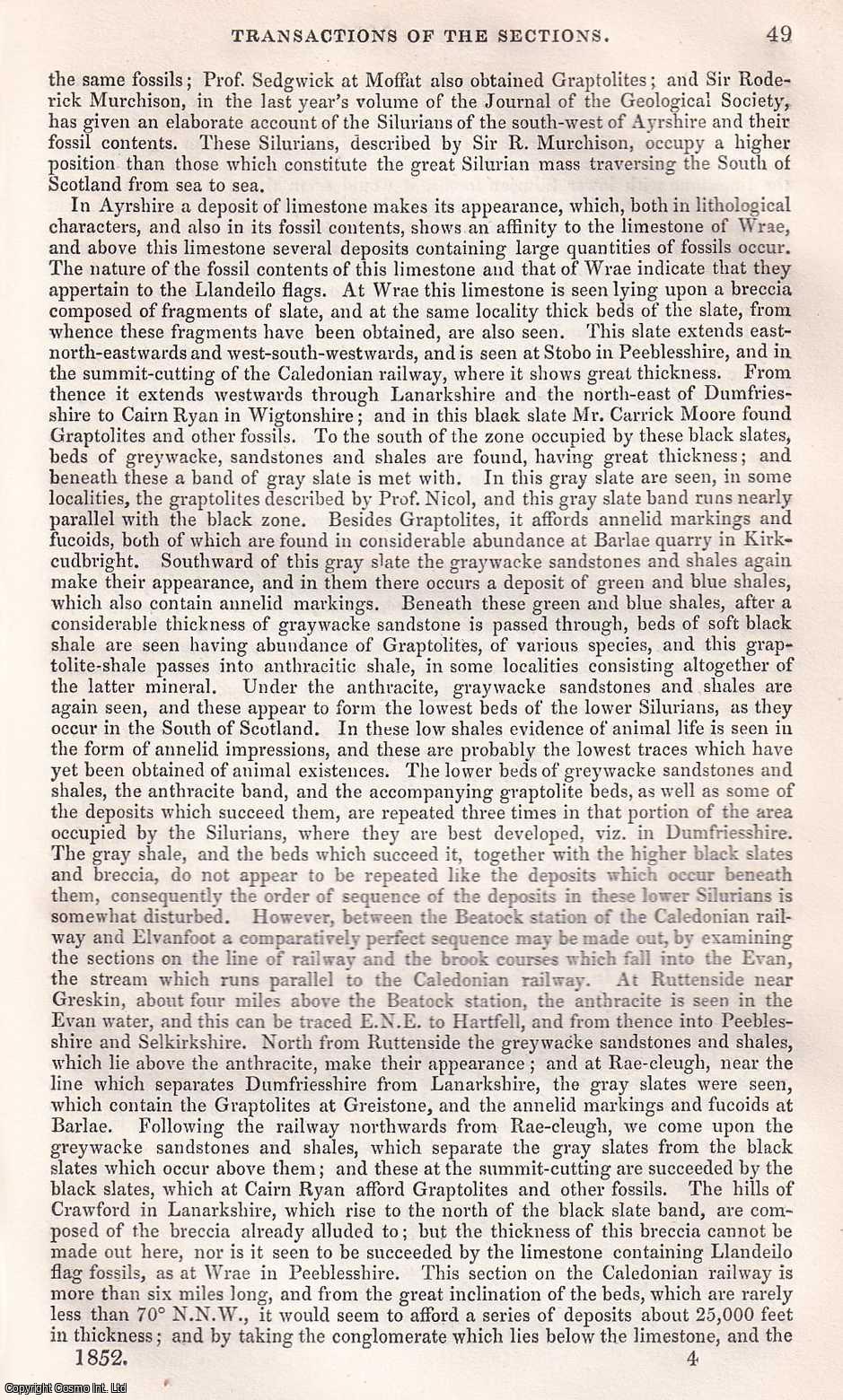 ROBERT HARKNESS - On the Fossil Remains of the Lower Silurians of the South of Scotland, and their Position. A rare original article from the British Association for the Advancement of Science report, 1852.