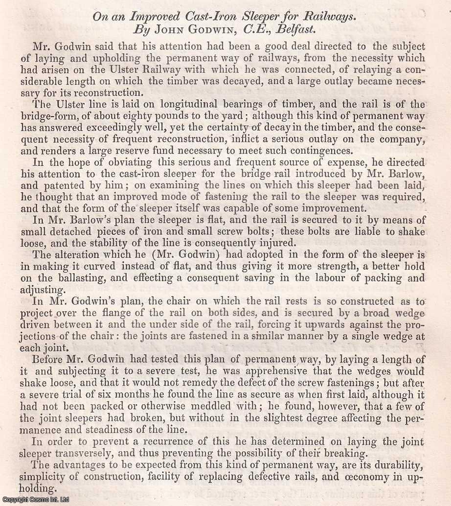 JOHN GODWIN, C.E. - On an Improved Cast-Iron Sleeper for Railways. A rare original article from the British Association for the Advancement of Science report, 1852.