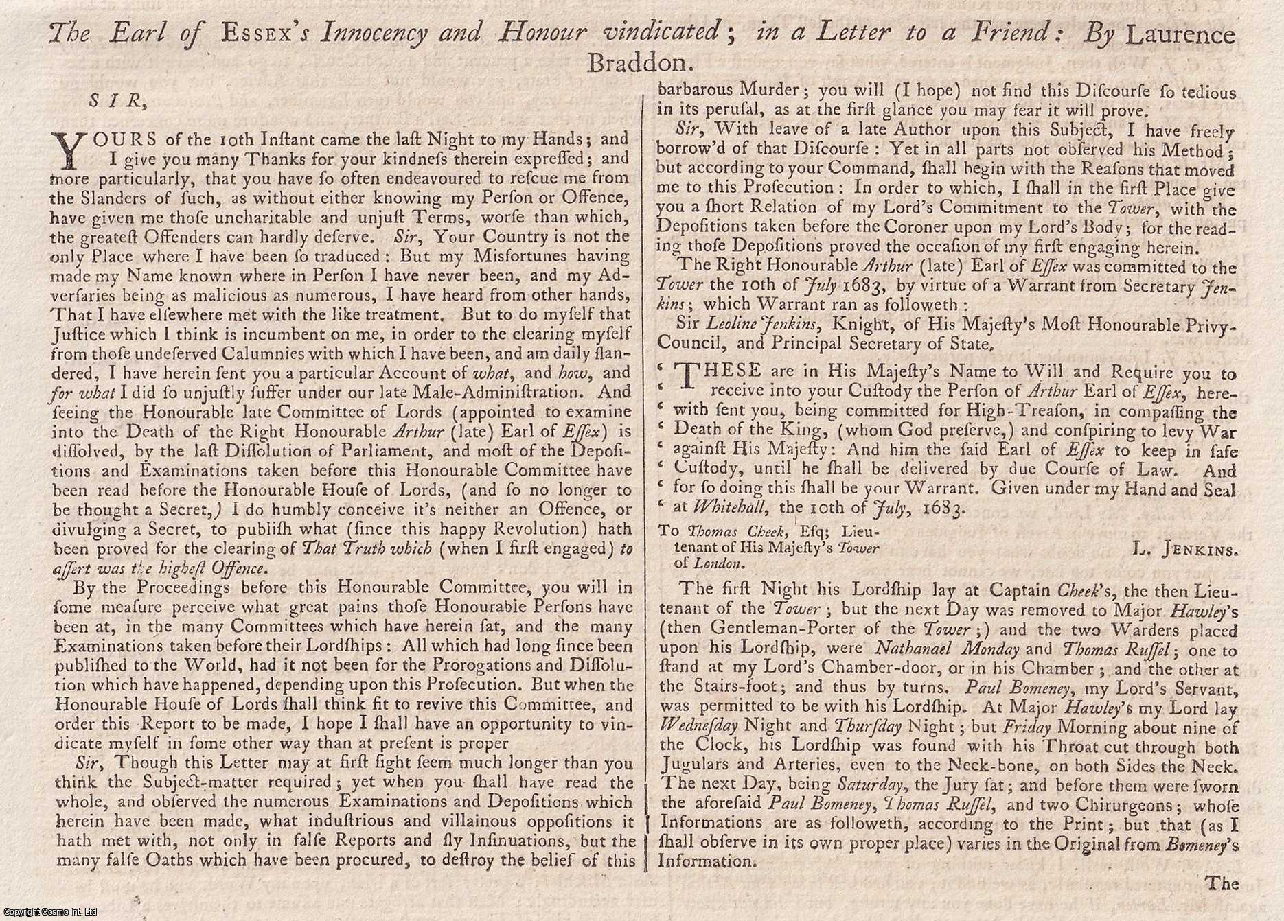 [Trial] - The Earl of Essex's Innocency and honour Vindicated; in a Letter to a Friend: By Laurence Braddon. An original article from the Collected State Trials::Folio, 1730.