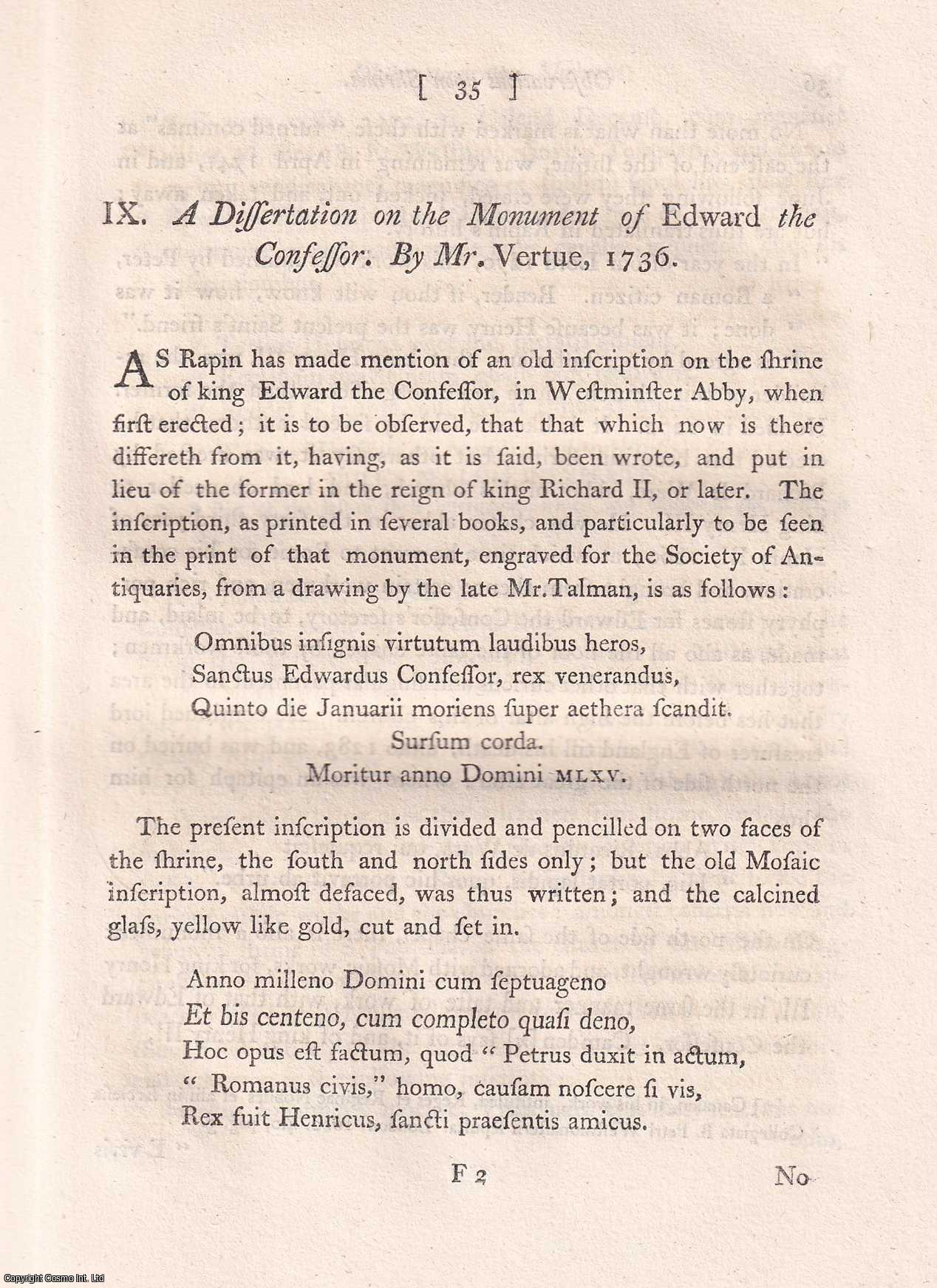 Mr. Vertue - A Dissertation on the Monument of Edward the Confessor. 1736. An uncommon original article from the journal Archaeologia, 1770.