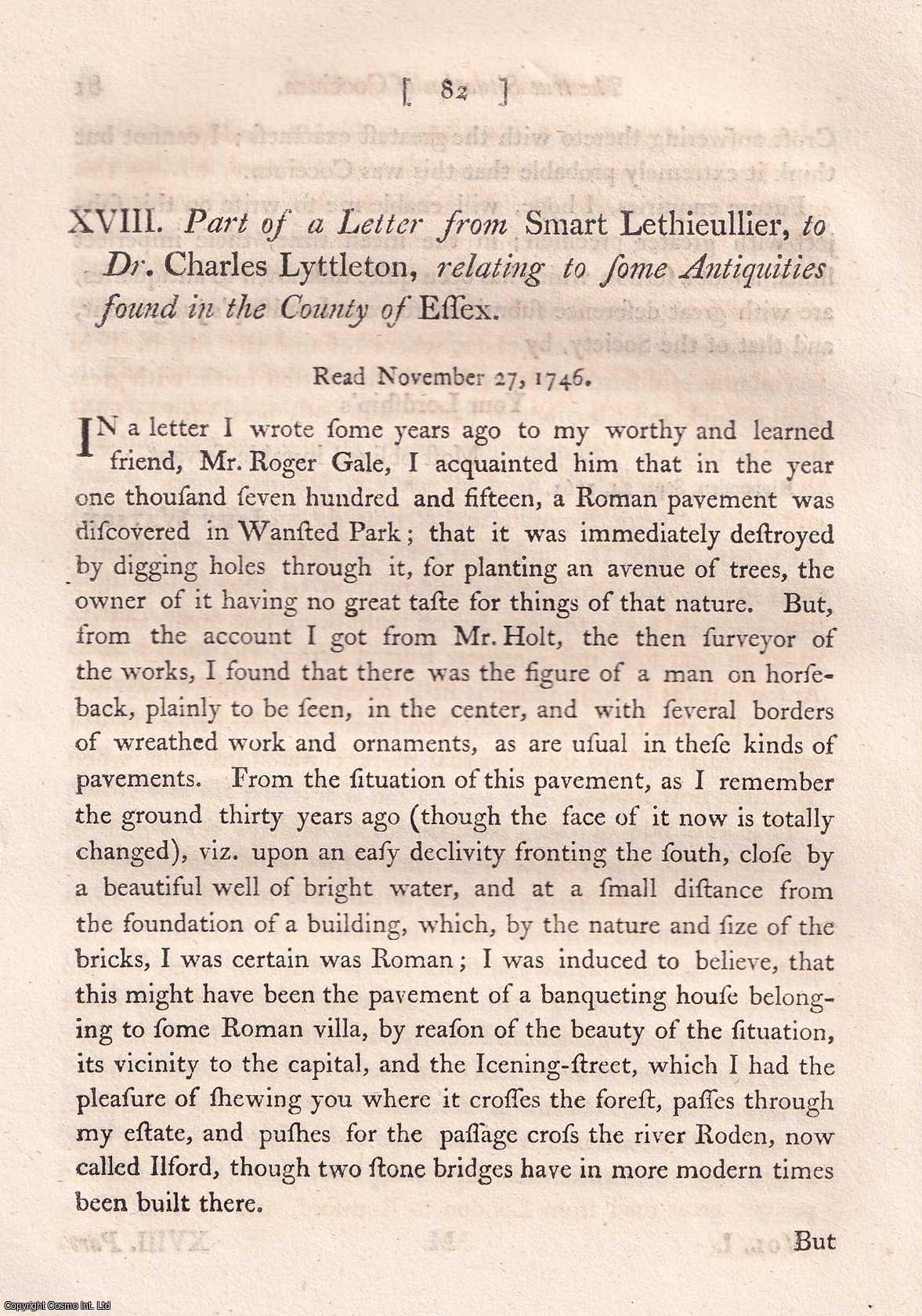 S.L. - A Letter from Smart Lethieullier, to Dr. Charles Lyttleton, relating to some Antiquities found in the County of Essex. A rare original article from the journal Archaeologia, 1770.