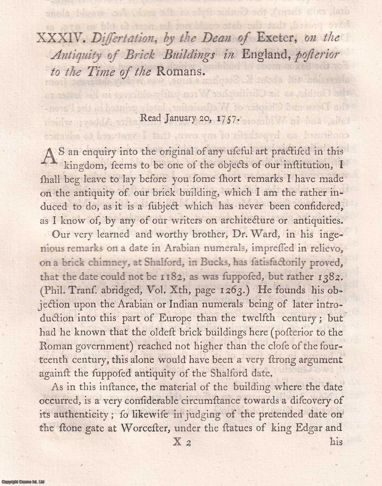 C. LYTTELTON - On the Antiquity of Brick Buildings in England, posterior to the Time of the Romans. A rare original article from the journal Archaeologia, 1770.