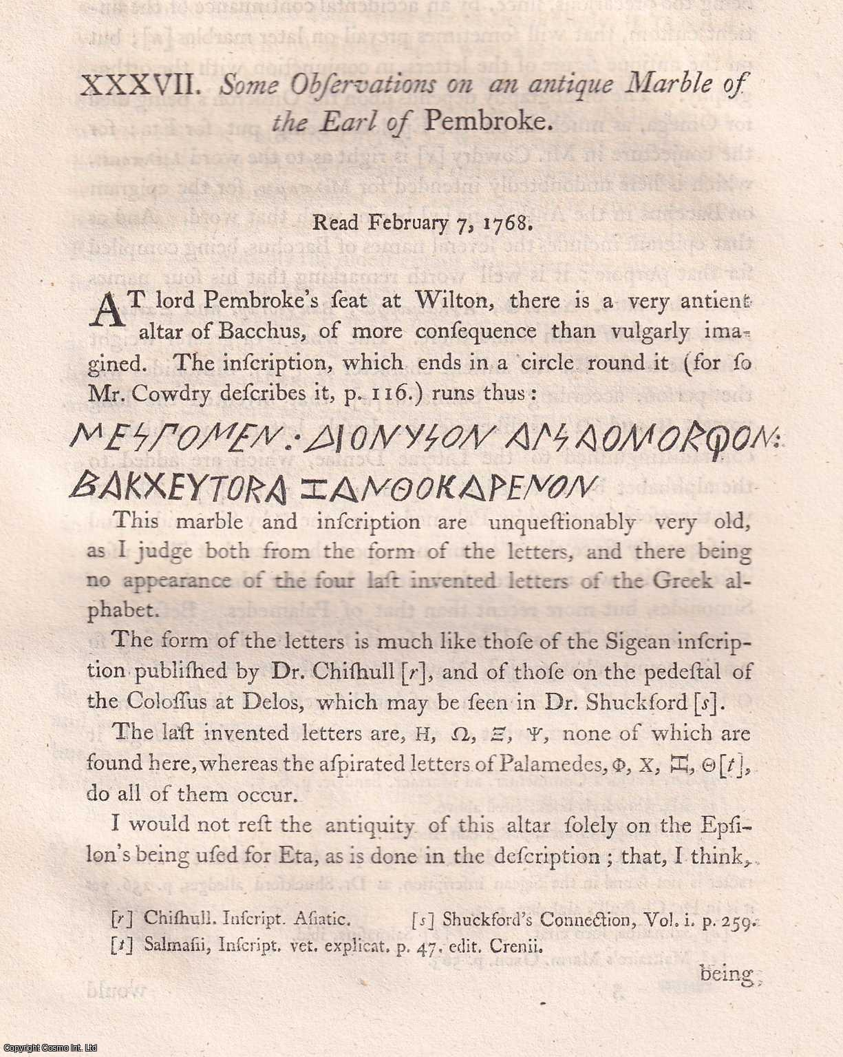 S.P. - Observations on an antique Marble of the Earl of Pembroke An uncommon original article from the journal Archaeologia, 1770.