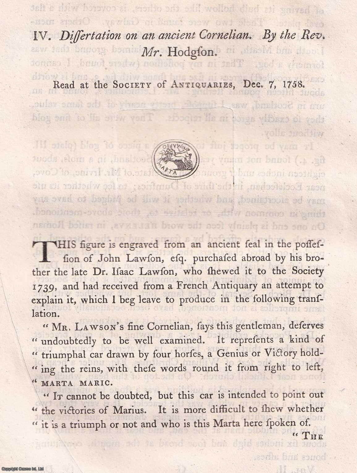 REVEREND MR. HODGSON - Dissertation on an ancient Cornelian. A rare original article from the journal Archaeologia, 1773.