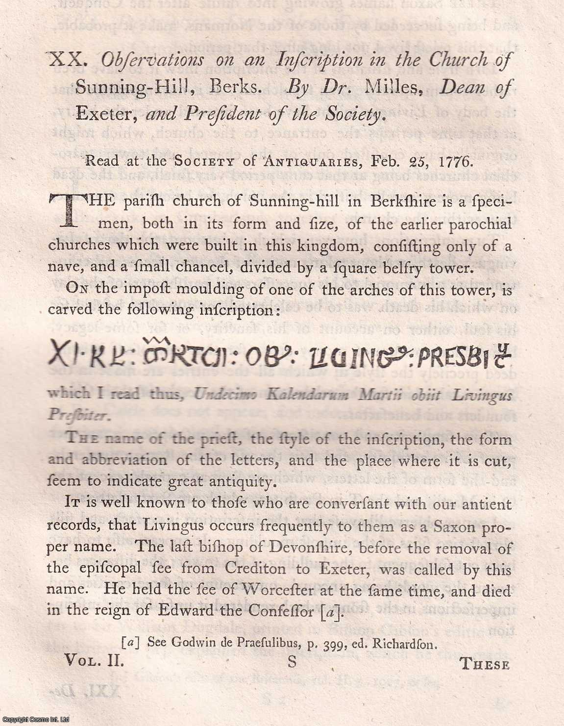 DR. MILLES - Observations on an Inscription in the Church of Sunning-Hill, Berks. A rare original article from the journal Archaeologia, 1773.